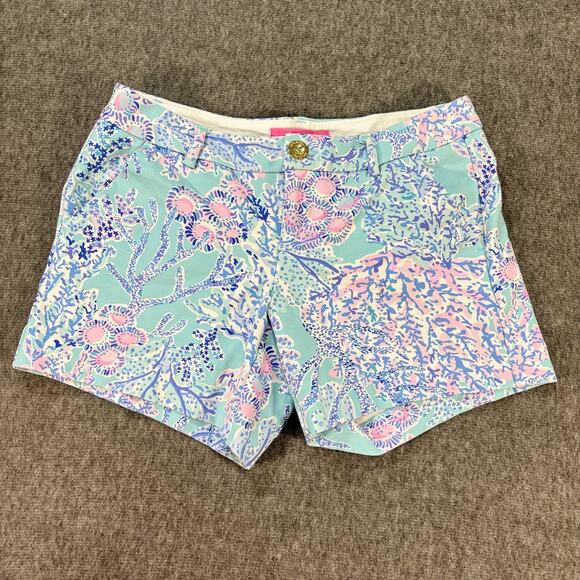 Lilly Pulitzer Shorts Womens 0 Blue Pink Coral Reef Print Summer Beach Resort - Picture 1 of 6